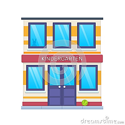 Modern city kindergarten building facade. Kindergarten building with kids group. Vector Illustration
