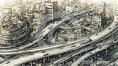Modern City with lots of roads, bridges, road junctions and transport. Stock Photo