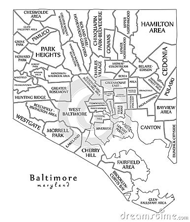 Modern City Map - Baltimore Maryland city of the USA with neighb Vector Illustration