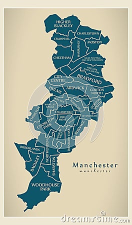 Modern City Map - Manchester city of England with wards and titles UK Vector Illustration
