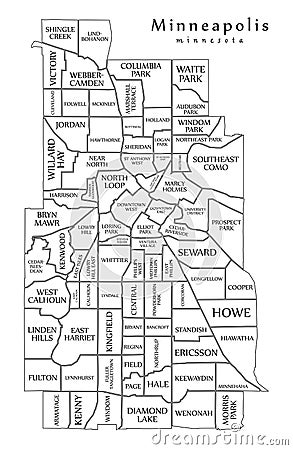 Modern City Map - Minneapolis Minnesota city of the USA with neighborhoods and titles outline map Vector Illustration