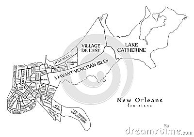 Modern City Map - New Orleans Louisiana city of the USA with neighborhoods and titles outline map Vector Illustration