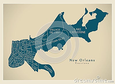 Modern City Map - New Orleans Louisiana city of the USA with neighborhoods and titles Vector Illustration