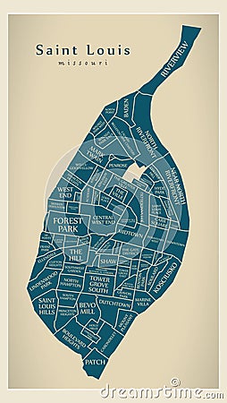 Modern City Map - Saint Louis Missouri city of the USA with neighborhoods and titles Vector Illustration