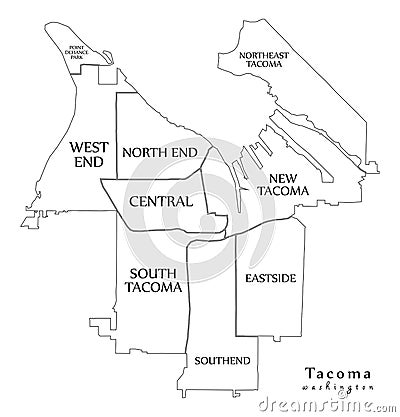 Modern City Map - Tacoma Washington city of the USA with neighborhoods and titles outline map Vector Illustration