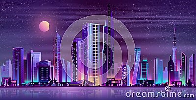 Modern city night landscape neon cartoon vector Vector Illustration
