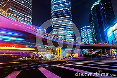 Modern city at night. Shanghai Lujiazui finance street. Editorial Stock Photo