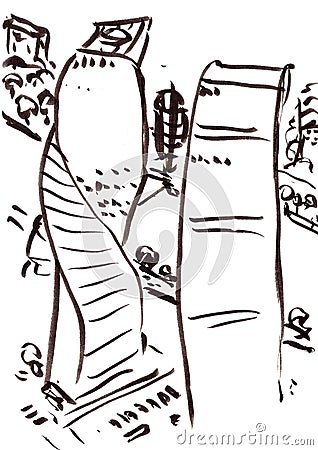 modern city with skyscrapers top view graphic sketch Cartoon Illustration