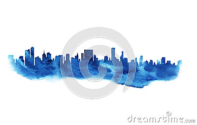 Modern cityscape blue watercolor silhouette drawing. Cartoon Illustration