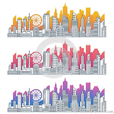 Modern cityscape outline gradient vector illustrations set Vector Illustration