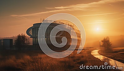 Modern cityscape reflects industry futuristic design in backlit sunset generated by AI Stock Photo
