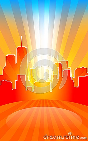 Modern cityscape on retro sunburst pattern with stage and spot o Vector Illustration