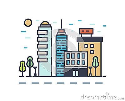 Modern cityscape with various buildings. Linear colorful urban landscape isolated on white background. Town street with Vector Illustration