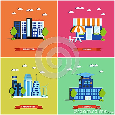 Modern cityscape vector illustration. City buildings set in flat design. Hospital, bistro, smart city and school Vector Illustration