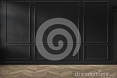 Modern classic black color empty interior with wall panels, mouldings and wooden floor. Cartoon Illustration