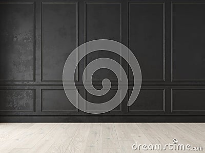 Modern classic black empty interior with wall panels and wooden floor. Cartoon Illustration