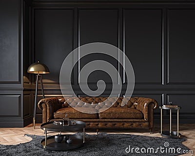 Modern classic black interior with capitone brown leather chester sofa, floor lamp, Stock Photo