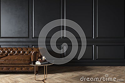 Modern classic black interior with capitone chester leather brown sofa, coffee table, wood floor, mouldings. Stock Photo