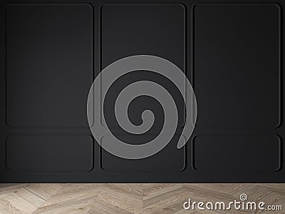 Modern classic black matte, baroque, blank wall, molding, empty interior with wall panels and wooden floor. Cartoon Illustration