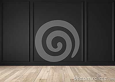 Modern classic black matte blank wall, molding, empty interior with wall panels and wooden floor. Cartoon Illustration