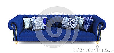 Modern classic blue fabric sofa with pillows in different ornament pattern on isolated white background. Stylish sofa with Stock Photo