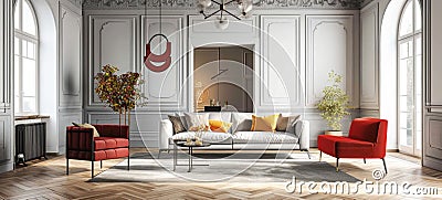 Modern classic bright living room interior. Hardwood floor, white walls, white sofa with colored cushions, red armchairs Stock Photo
