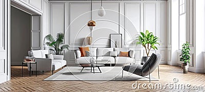 Modern classic bright living room interior. Hardwood floor, white walls, white sofas with colored cushions, grey Stock Photo