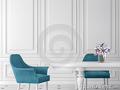 Modern classic dining room 3d render,furnished with white table and blue chair. Stock Photo