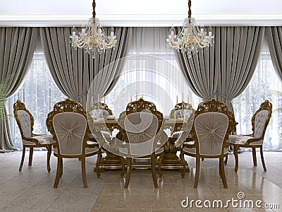 Modern classic dining table in a luxurious baroque living room with serving Stock Photo