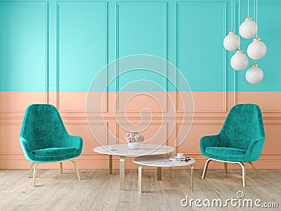 Modern classic double color interior with armchairs, lamp, table, wall panels and wooden floor. Cartoon Illustration