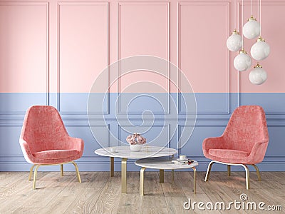 Modern classic double color interior with armchairs, lamp, table, wall panels and wooden floor. Cartoon Illustration