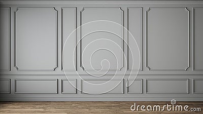 Modern classic gray empty interior with wall panels molding and wooden floor. Cartoon Illustration