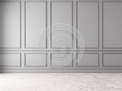 Modern classic gray empty interior with wall panels and wooden floor. Cartoon Illustration