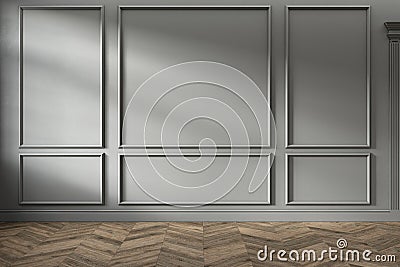Modern classic gray empty interior with wall panels and wooden floor. Cartoon Illustration