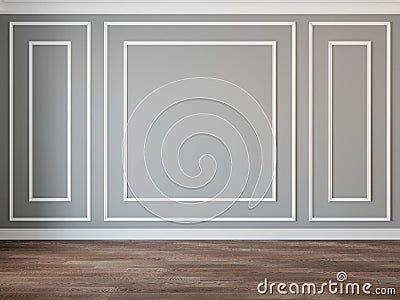 Modern classic gray interior blank wall with moldings and wood floor. Cartoon Illustration