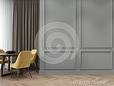 Modern classic gray interior with moldings, wood floor, dinner table, yellow chairs and curtains. Stock Photo