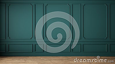 Modern classic green empty interior with wall panels and wooden floor. Cartoon Illustration