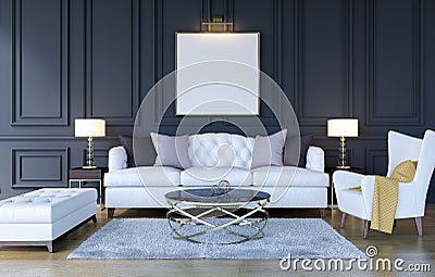 Modern classic luxury living room interior background with mock up poster frame, 3D Rendering Stock Photo