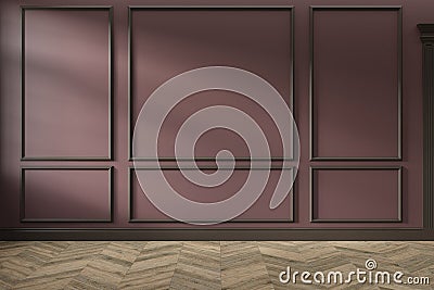 Modern classic red, marsala, burgundy color empty interior with wall panels, mouldings and wooden floor. Cartoon Illustration