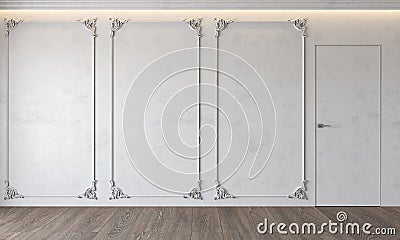 Modern classic white interior with stucco, door, wooden floor, ceiling backlit, molding. Empty room, blank wall. Cartoon Illustration