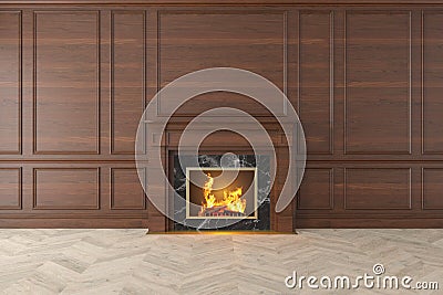 Modern classic wood interior with fireplace, wall panels, wooden floor. Cartoon Illustration