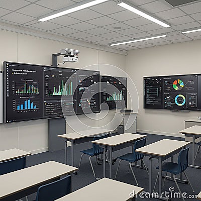 Modern classroom equipped with multiple large digital screens displaying colo Stock Photo