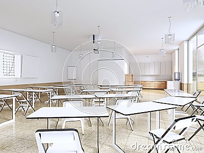 Modern classroom with large panoramic windows and white desks, bright interior Stock Photo