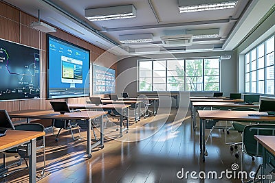 A modern classroom setting with interactive panels, AI assistants, and desks with laptops, creating a dynamic and Stock Photo