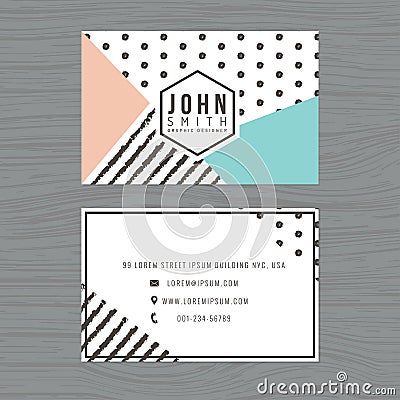 Modern clean business card template in stripes and polka dot background. Printing design template. Vector Illustration