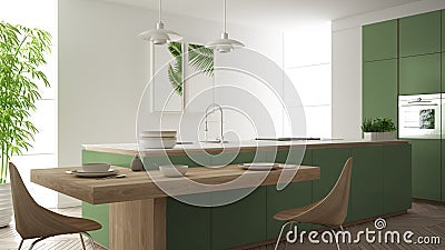 Modern clean contemporary green kitchen, island and wooden dining table with chairs, bamboo and potted plants, big window and Stock Photo