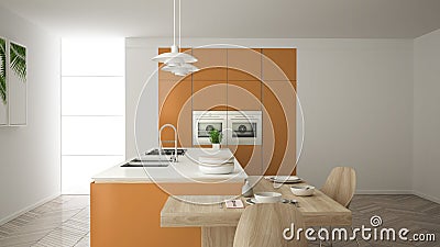 Modern clean contemporary orange kitchen, island and wooden dining table with chairs, bamboo and potted plants, big window and Stock Photo