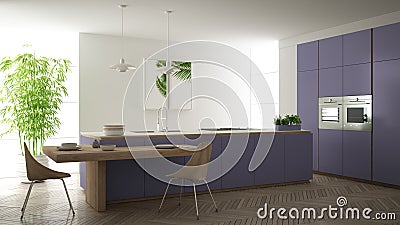 Modern clean contemporary purple kitchen, island and wooden dining table with chairs, bamboo and potted plants, big window and Stock Photo