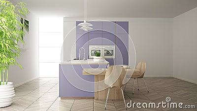 Modern clean contemporary purple kitchen, island and wooden dining table with chairs, bamboo and potted plants, big window and Stock Photo
