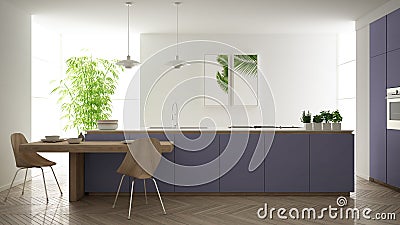 Modern clean contemporary purple kitchen, island and wooden dining table with chairs, bamboo and potted plants, big window and Stock Photo